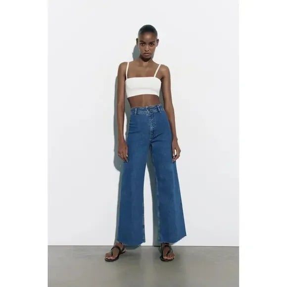 Zara Denim - 4 Zara Wide Leg High Waist Crop Denim Jeans Raw Hem